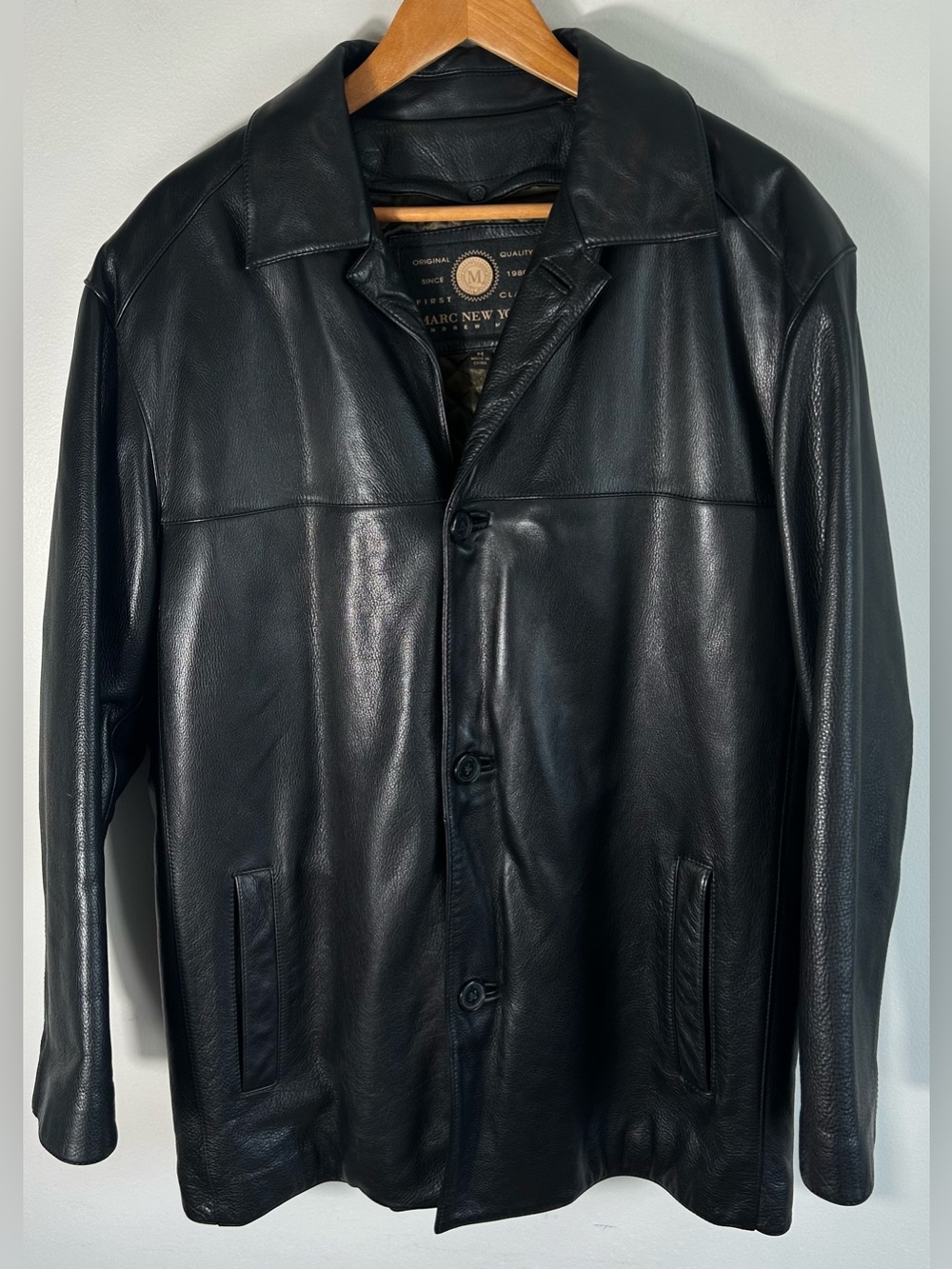 Marc New York First Class Black Leather Jacket Men's Size M Car Coat LIKE NEW